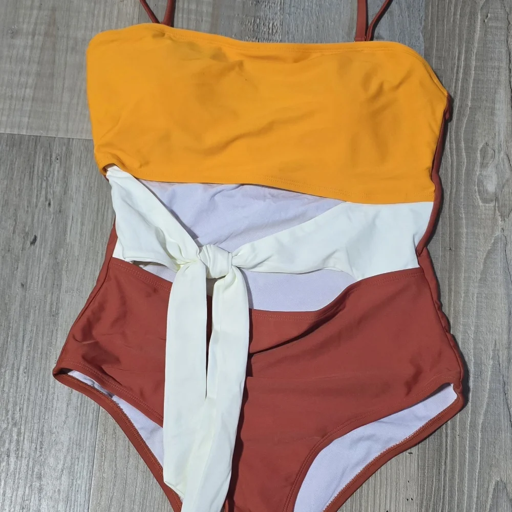 Viottiset Women's Bandeau One Piece Swimsuit Strapless Tie High Cut Out Bathing